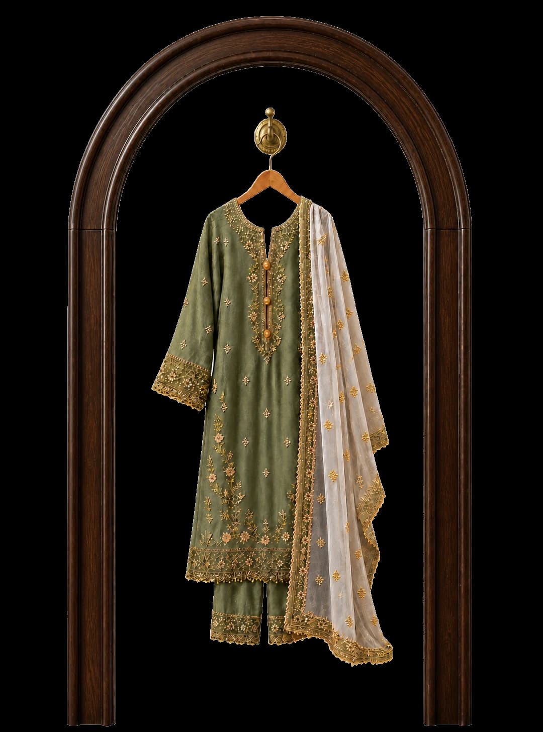 Qalamkar embroidered Pakistani suit displayed in a dark walnut arch