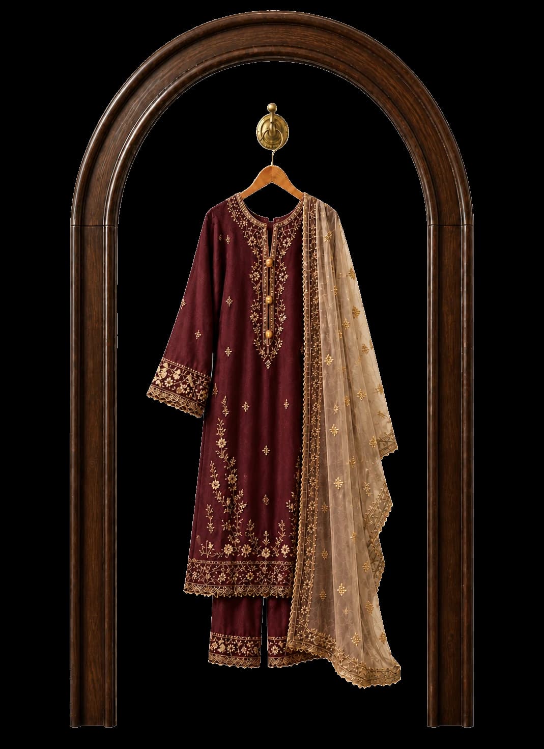 Khamaj embroidered Pakistani suit displayed in a dark walnut arch