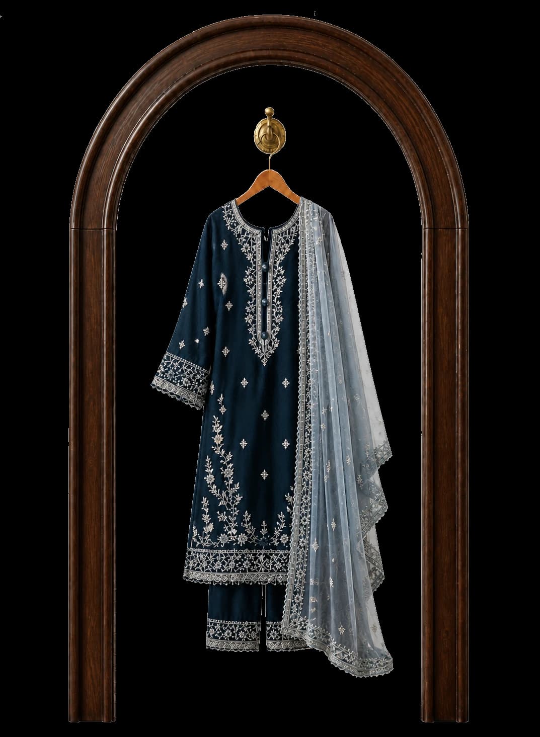 Iznik embroidered Pakistani suit displayed in a dark walnut arch