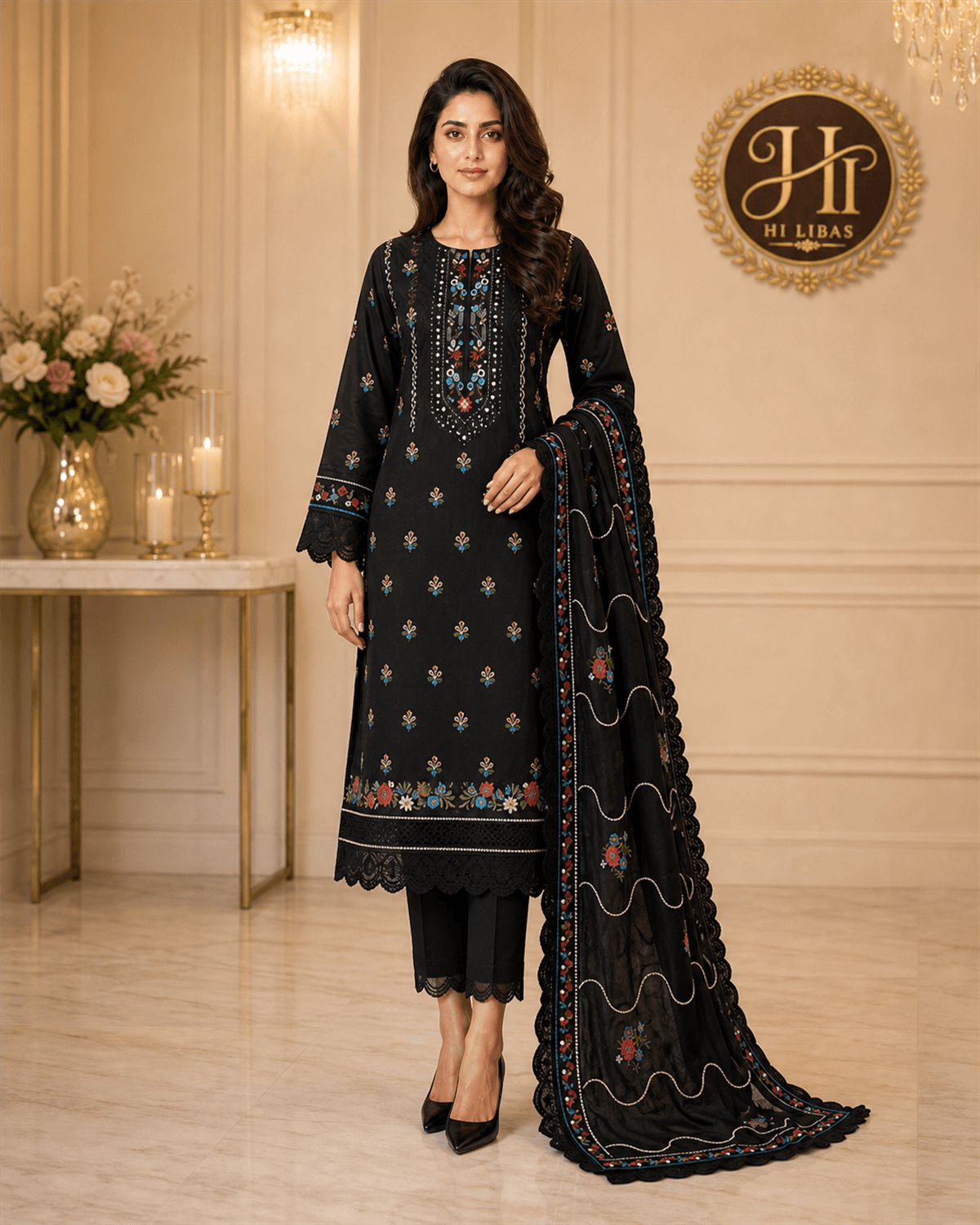 Bin Ilyas Embroidered Suit Black image 1