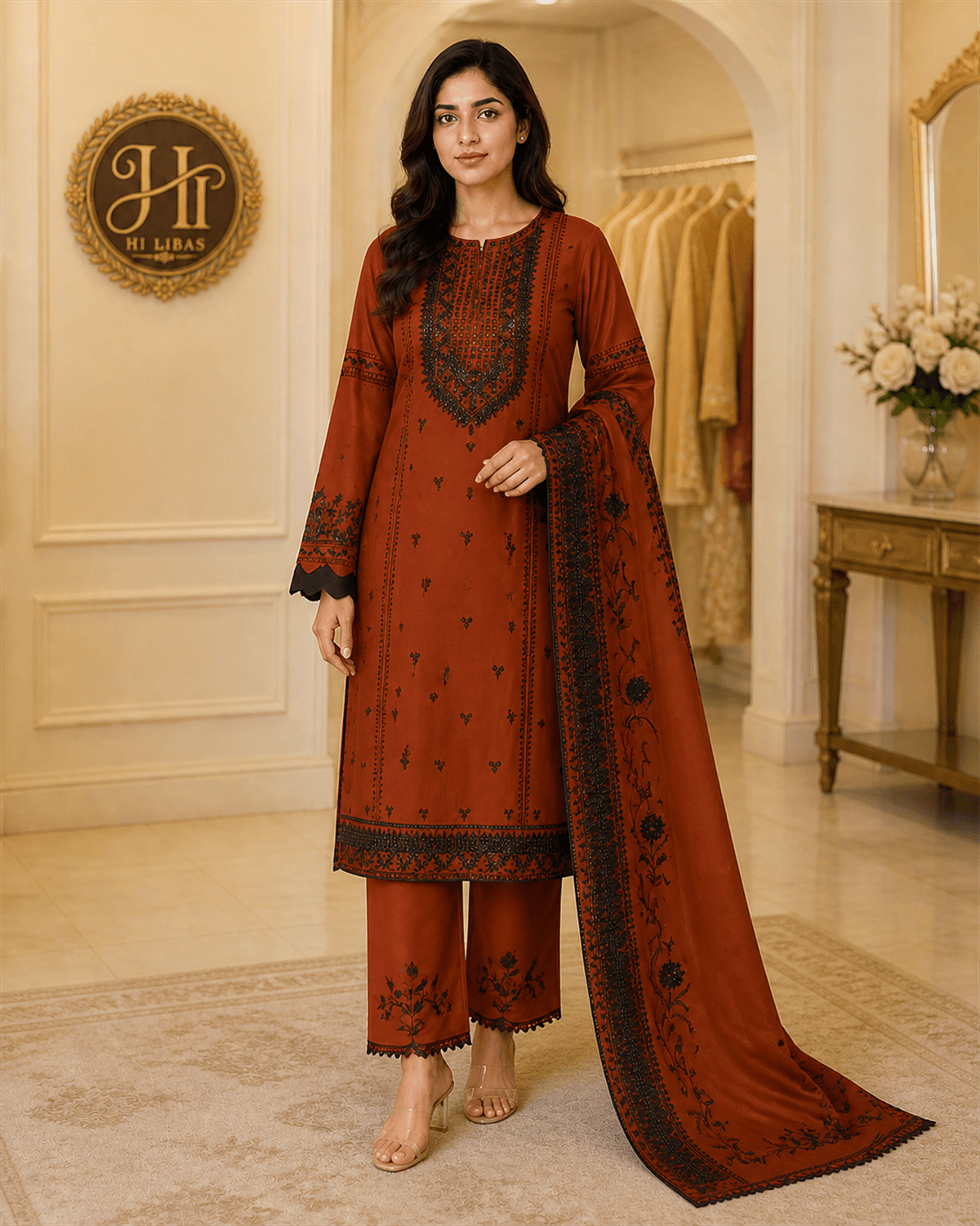 Agha Noor Embroidered Suit Rust Brown image 1