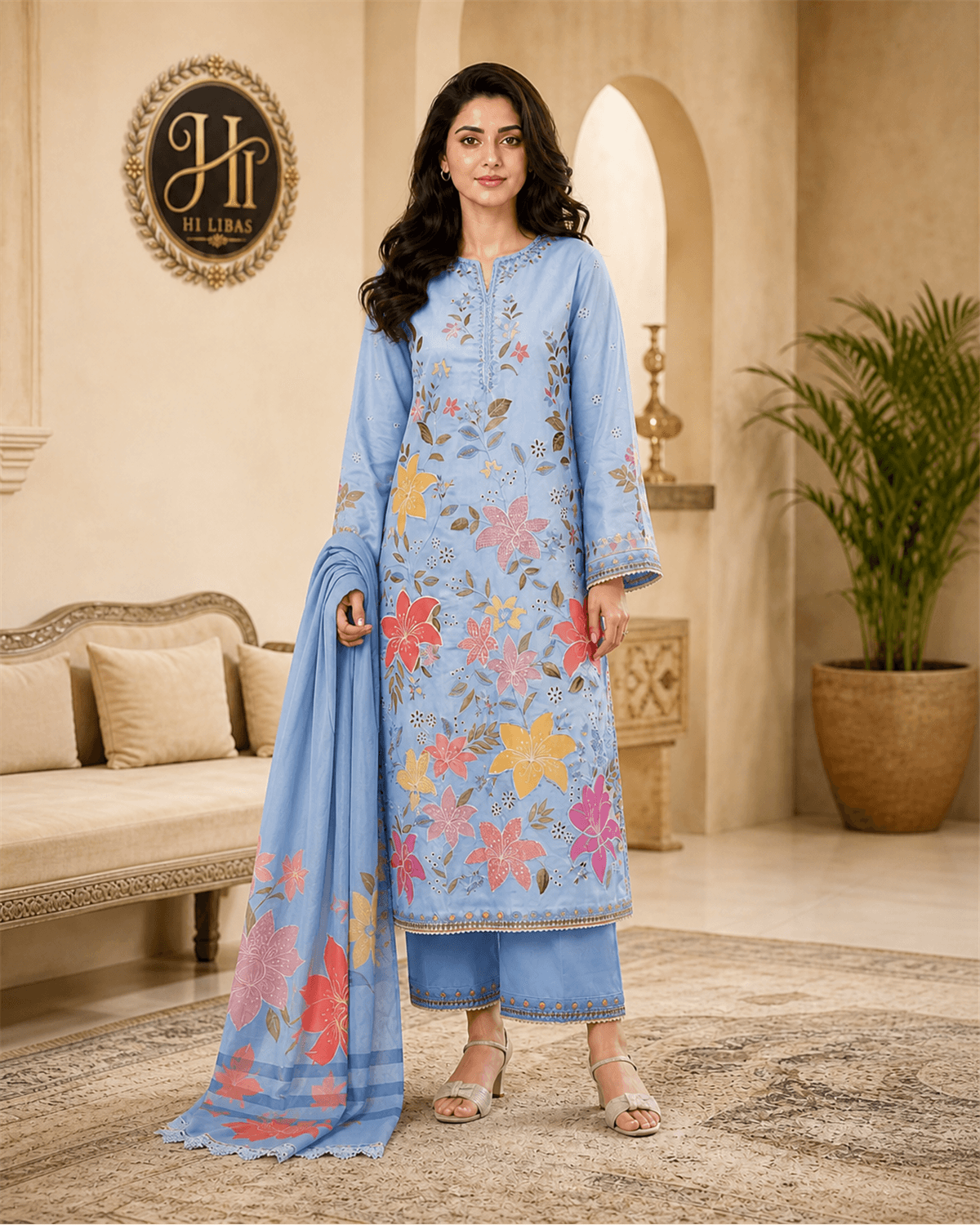 Aneela's Embroidered Cotton Suit Sky Blue Floral image 1