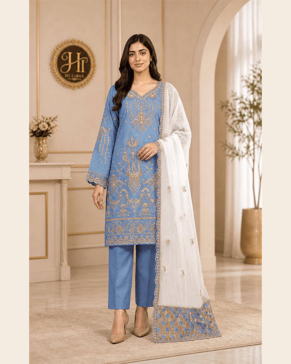 Khamaj Embroidered Cotton Suit Blue image 1