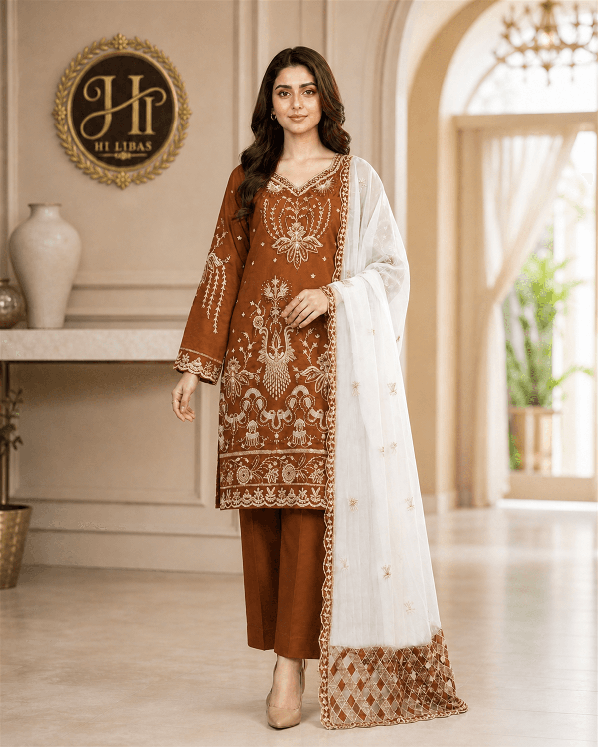 Khamaj Embroidered Cotton Suit Brown image 1