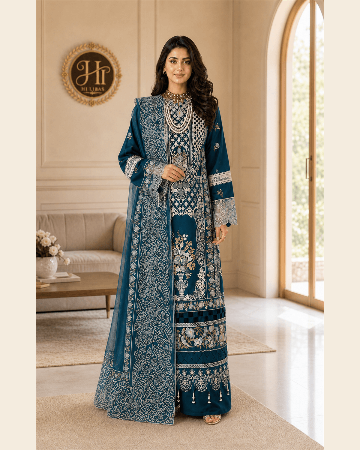 Bin Ilyas Embroidered Cotton Suit Dark Teal image 1