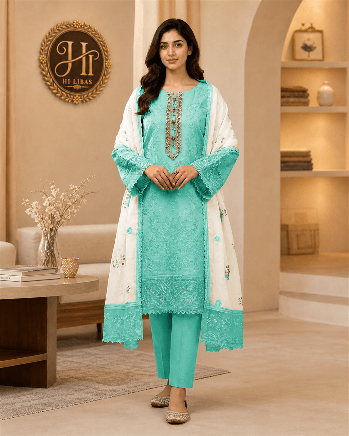 Khamaj Embroidered Cotton Suit Green image 1