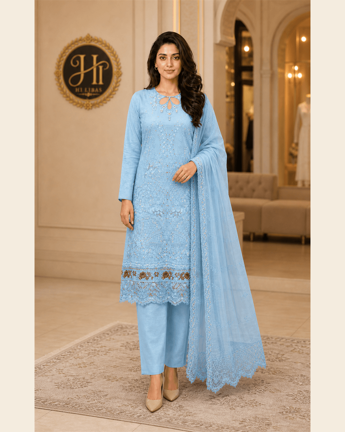 Khamaj Embroidered Cotton Suit Light Blue image 1