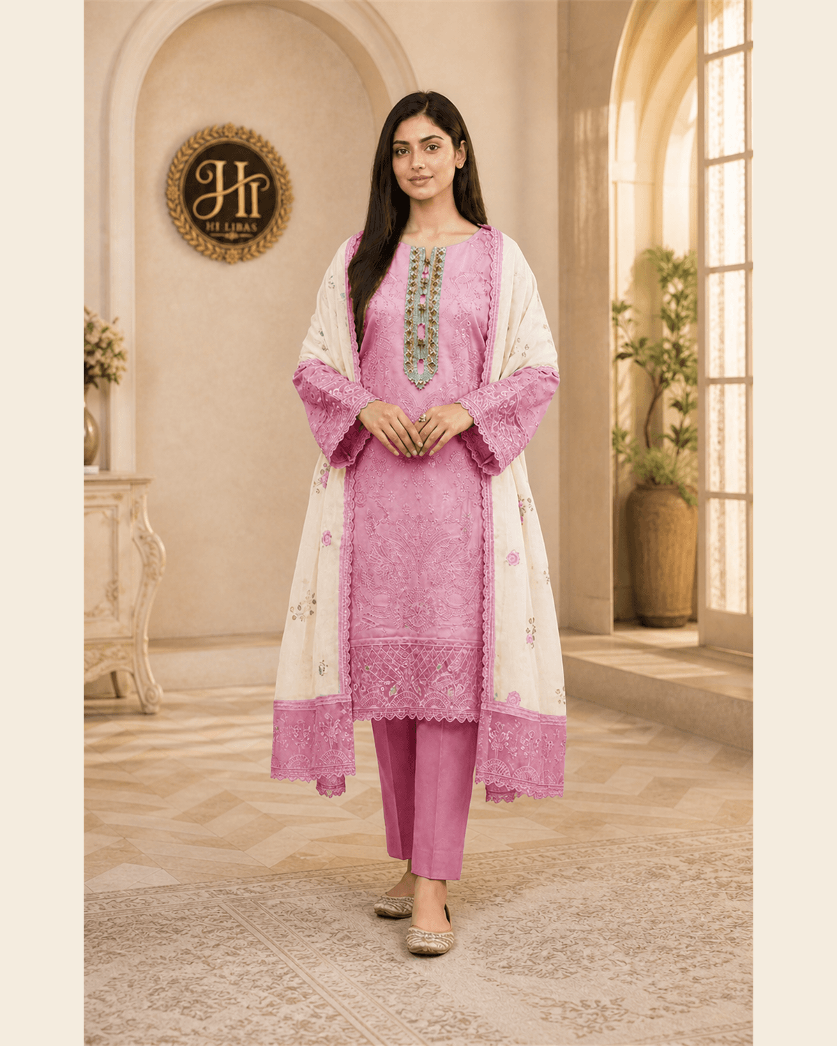 Khamaj Embroidered Cotton Suit Pink image 1