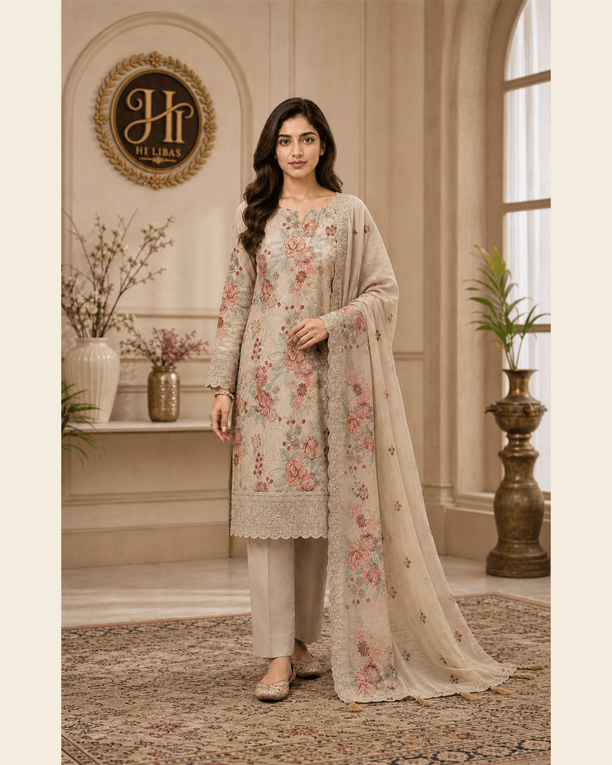Bareeze Embroidered Cotton Suit Beige image 1