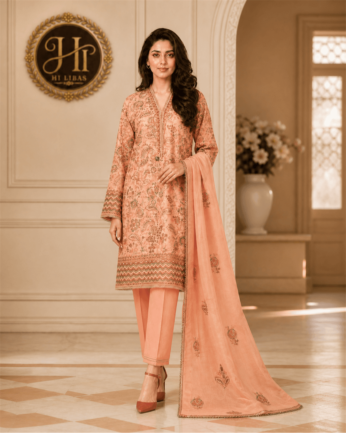 Bareeze Embroidered Cotton Suit Peach image 1