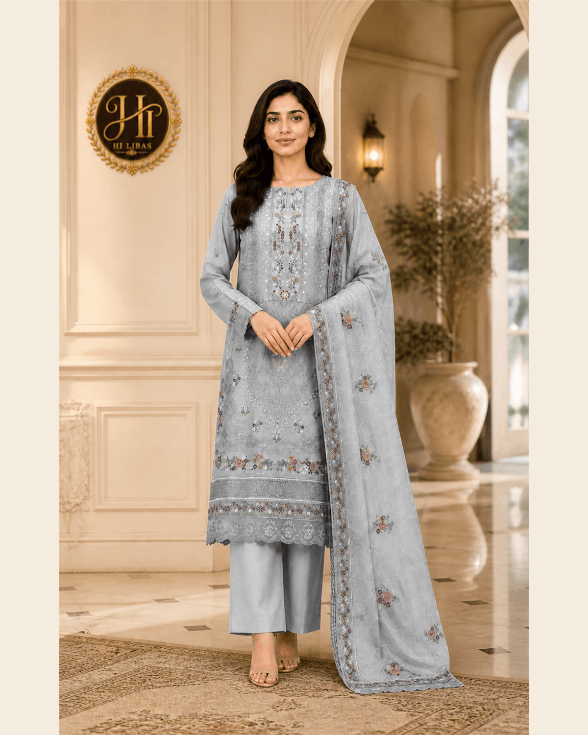 Bin Ilyas Embroidered Cotton Suit Grey image 1