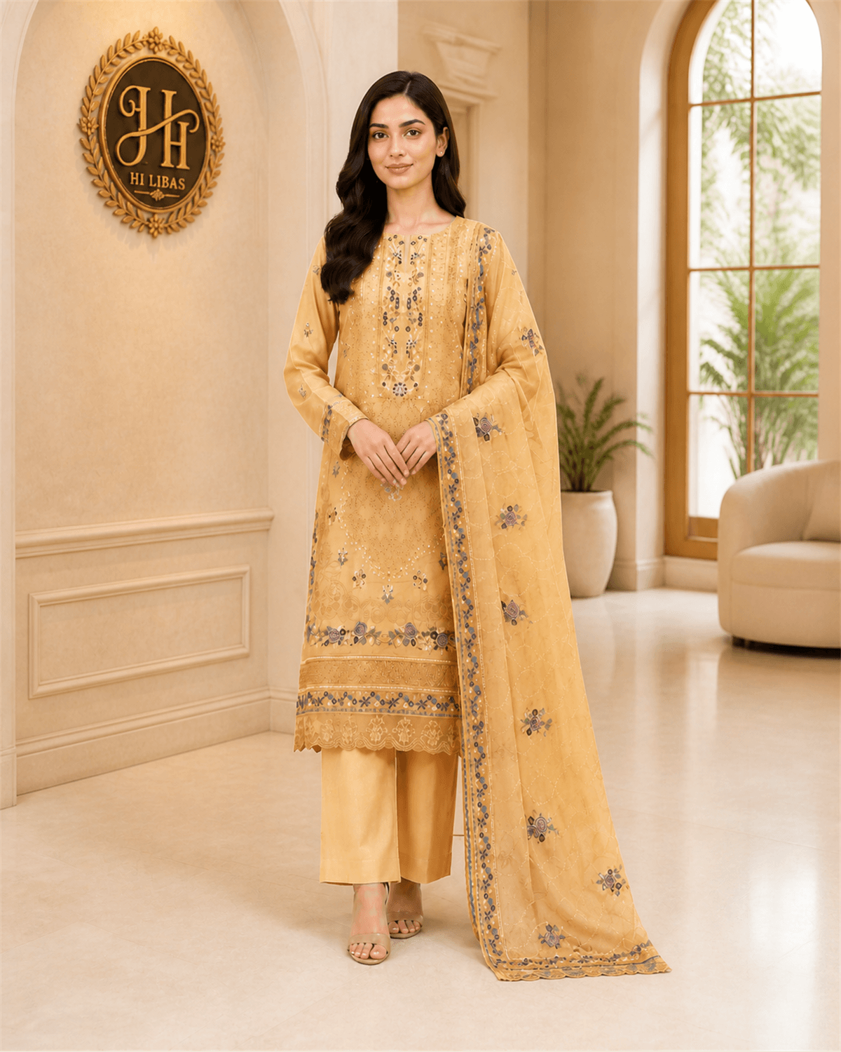 Bin Ilyas Embroidered Cotton Suit Mustard Yellow image 1