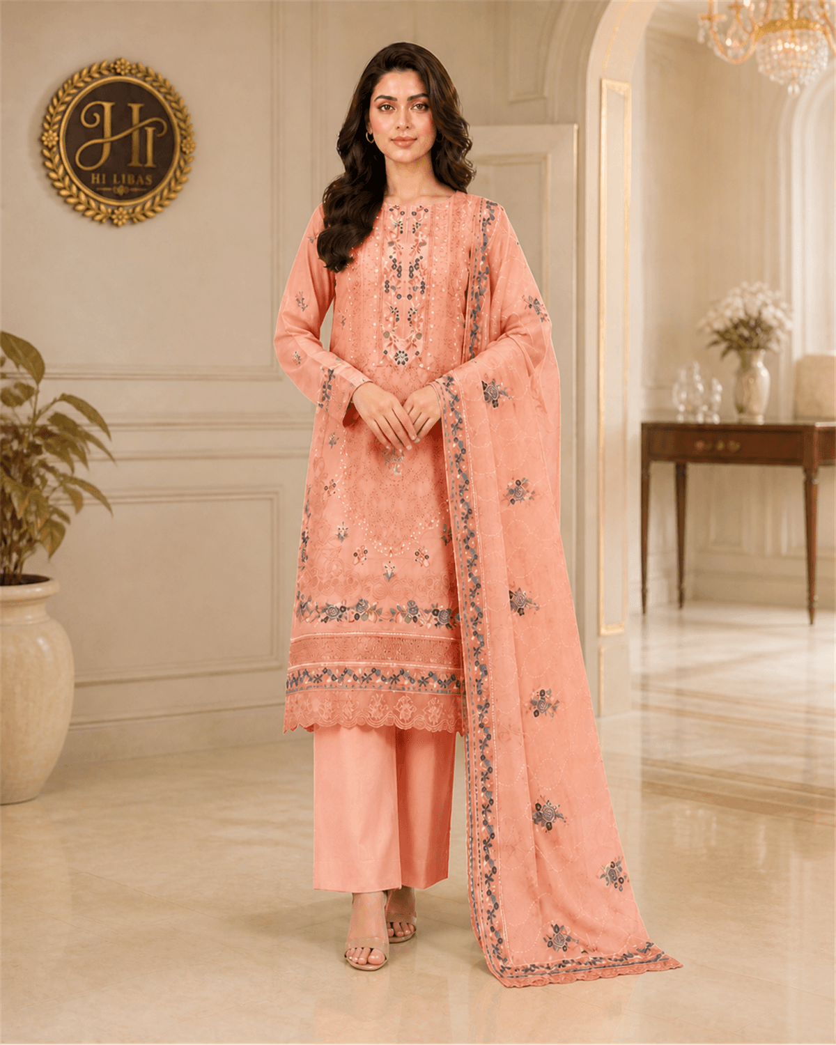 Bin Ilyas Embroidered Cotton Suit Peach image 1