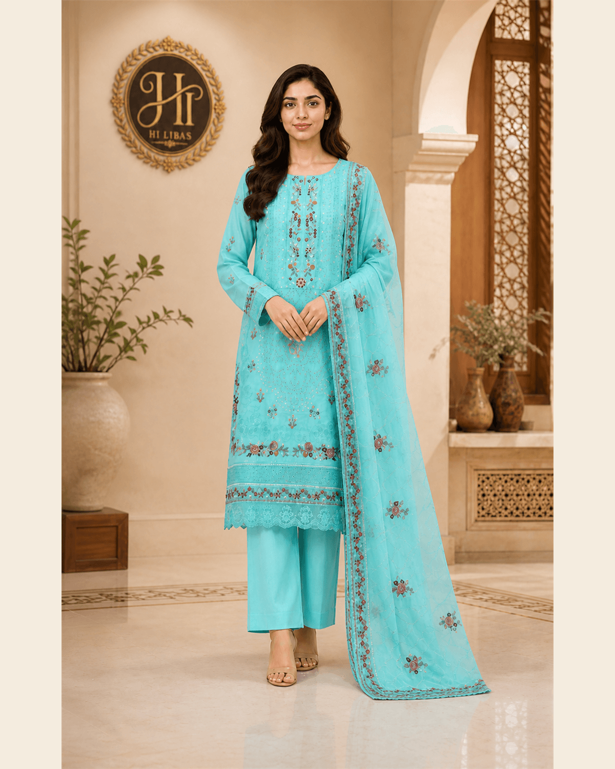 Bin Ilyas Embroidered Cotton Suit Turquoise image 1