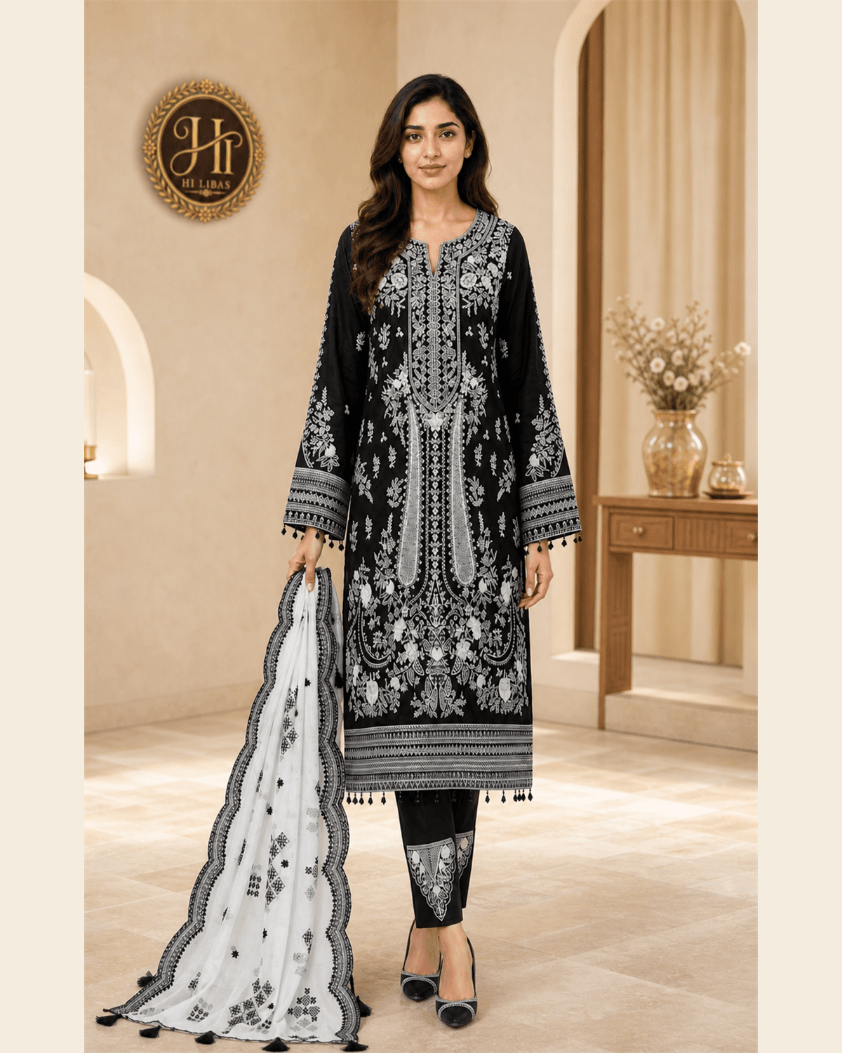 H.R Embroidered Cotton Suit Black White image 1