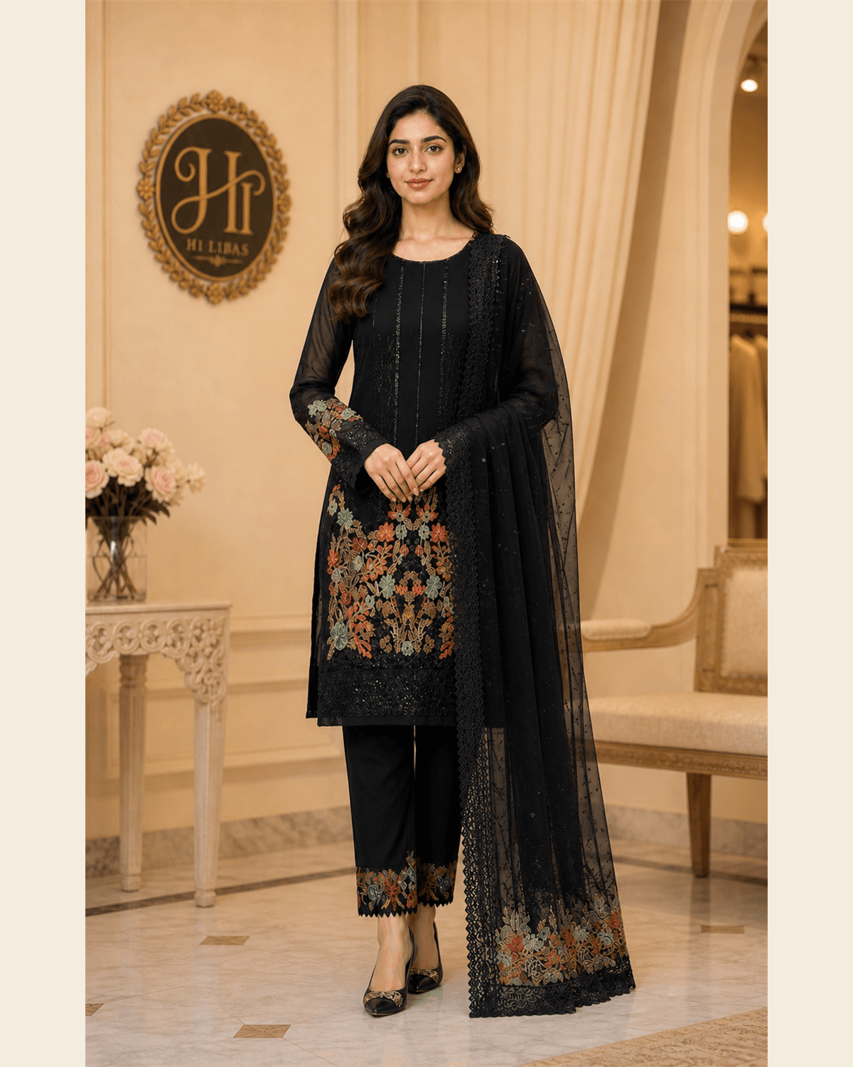 Iznik Embroidered Cotton Suit Black image 1