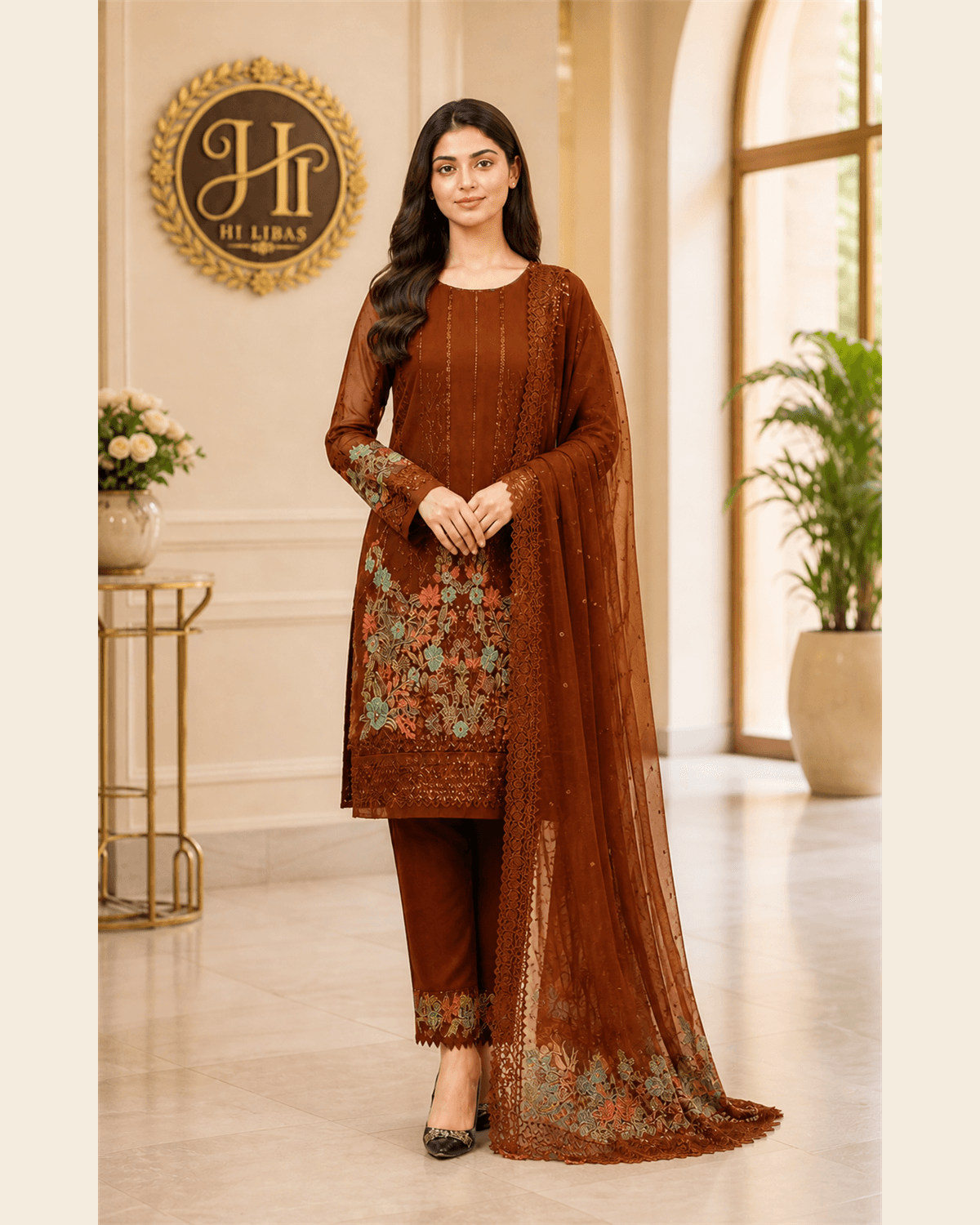 Iznik Embroidered Cotton Suit Brown image 1