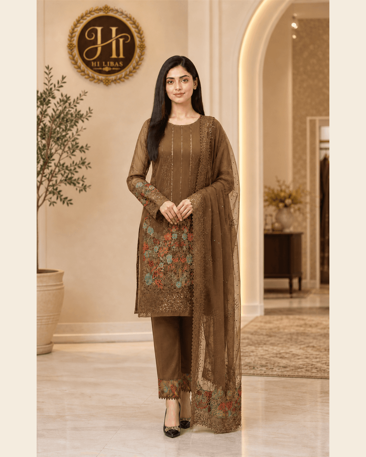 Iznik Embroidered Cotton Suit Mocha Brown image 1