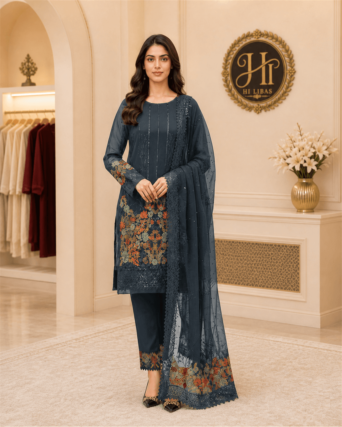 Iznik Embroidered Cotton Suit Navy image 1