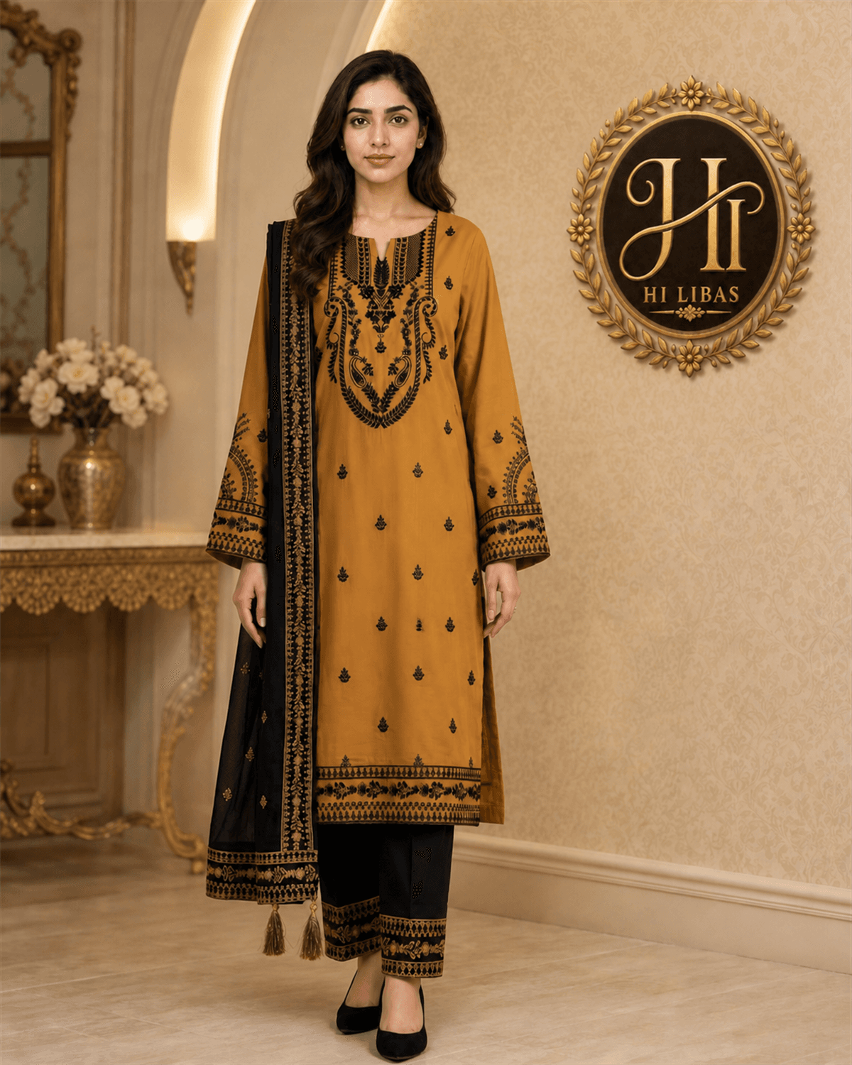 Khamaj Embroidered Cotton Suit Mustard Black image 1