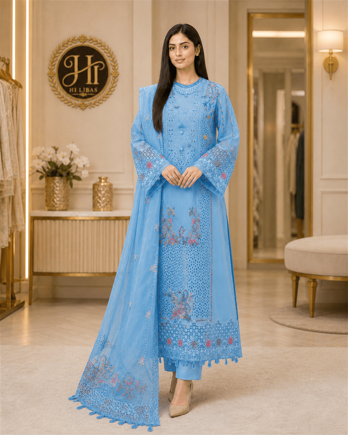 Qalamkar Embroidered Lawn Suit Sky Blue Multi image 1