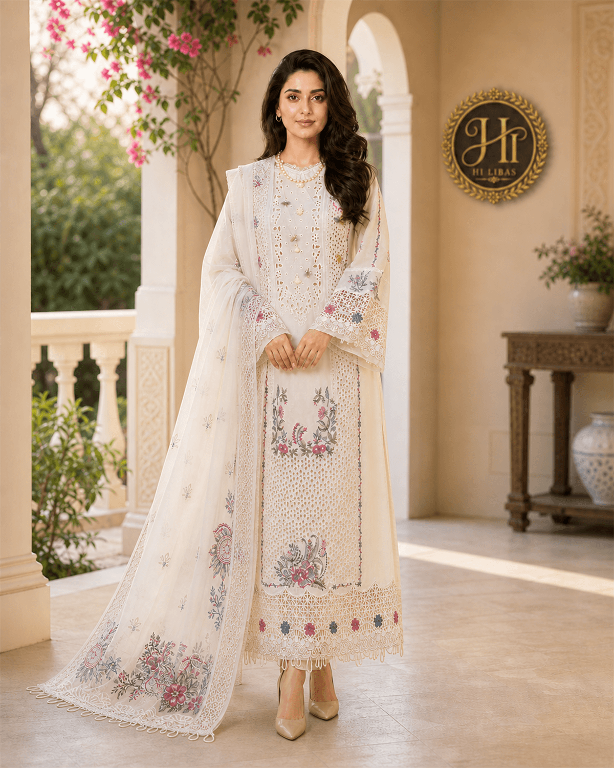 Qalamkar Embroidered Lawn Suit Ivory Multi image 1