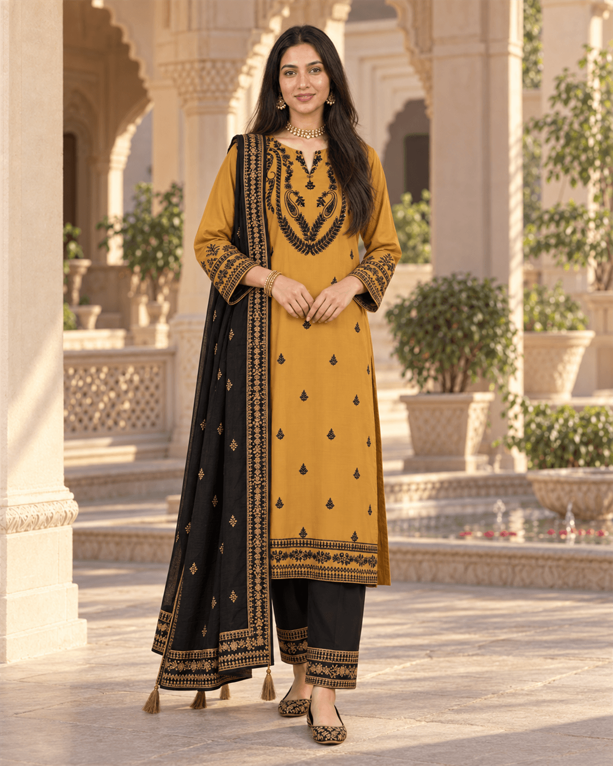 Khamaj Embroidered Cotton Suit Mustard Black image 1