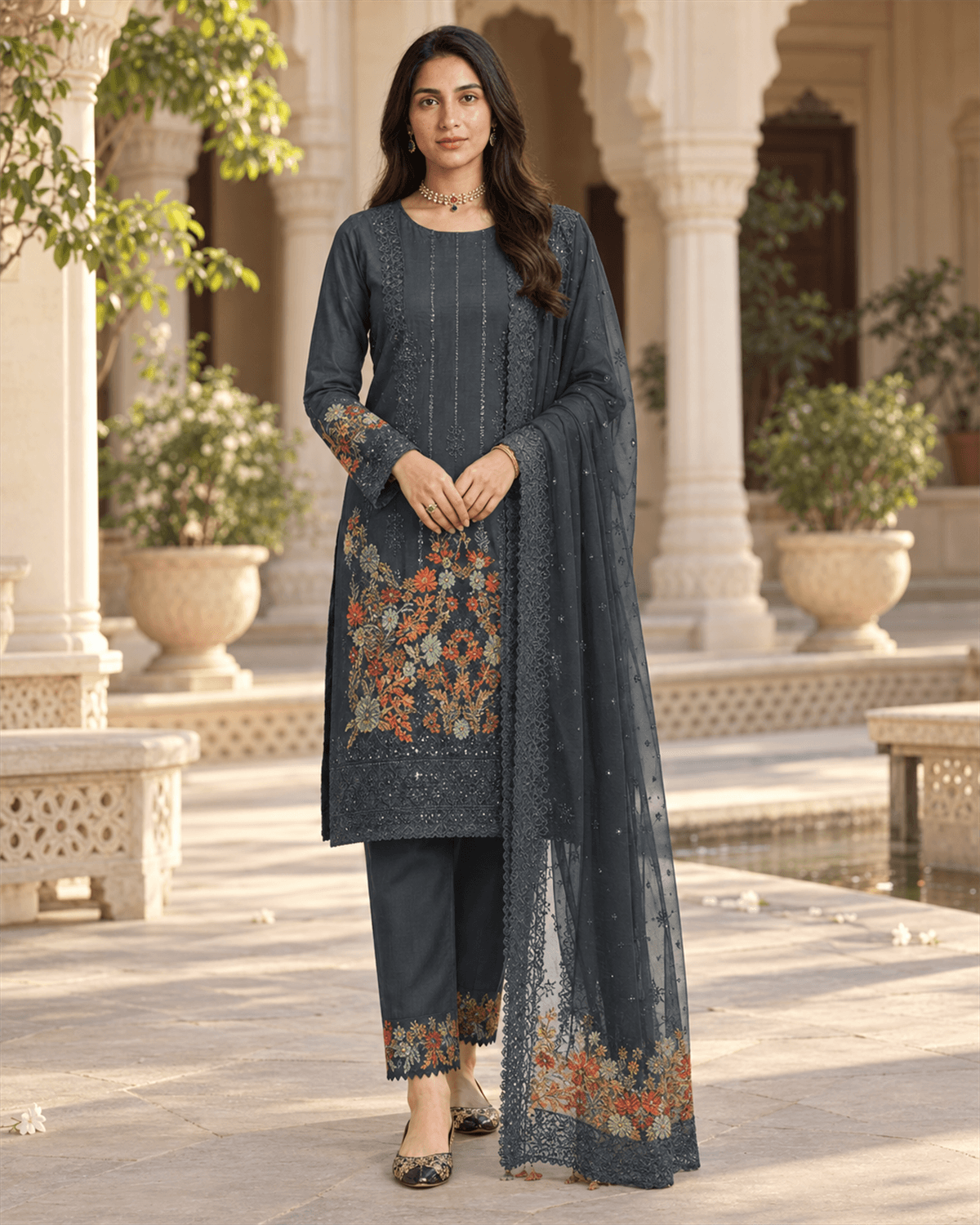 Iznik Embroidered Cotton Suit Navy image 1