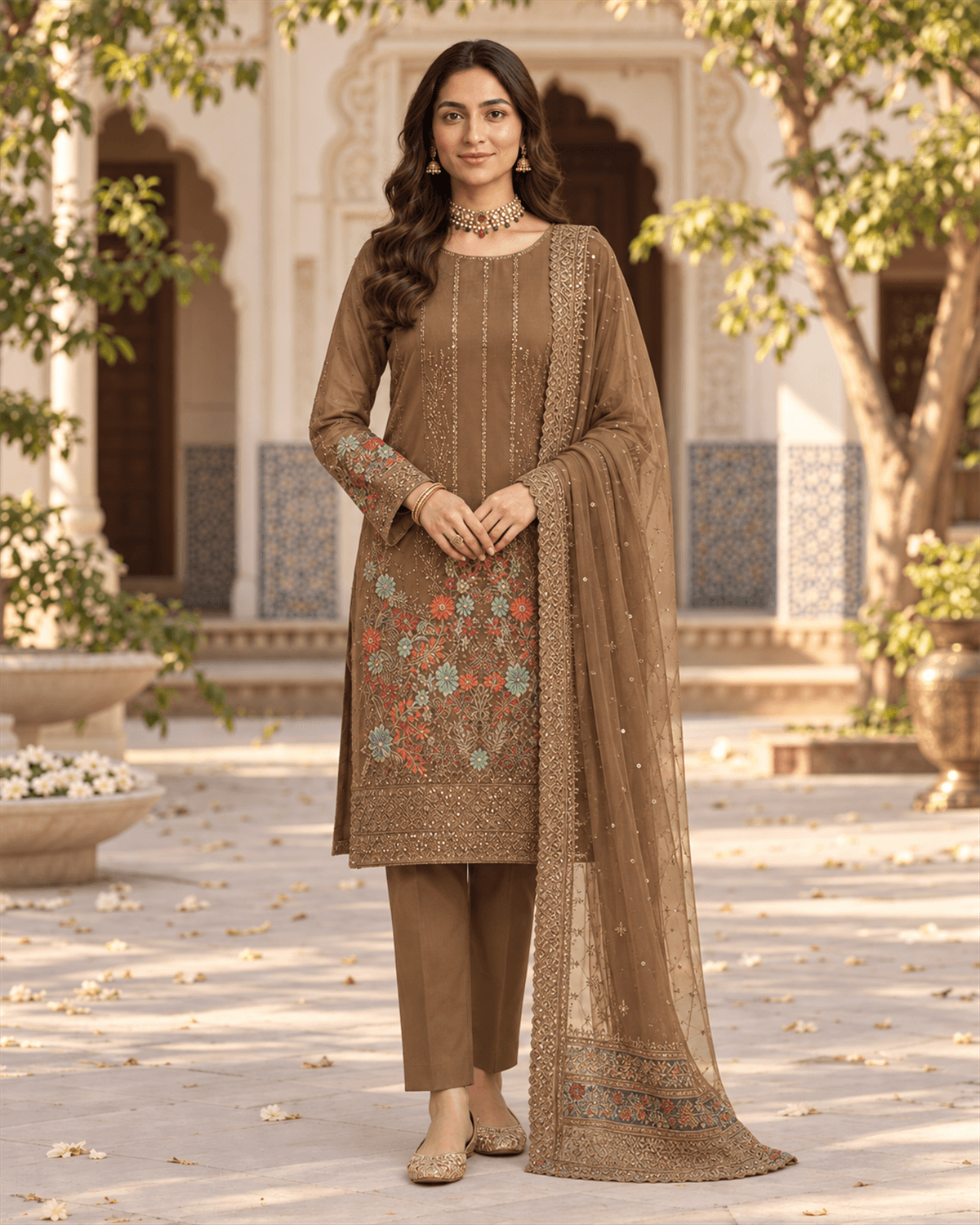 Iznik Embroidered Cotton Suit Mocha Brown image 1
