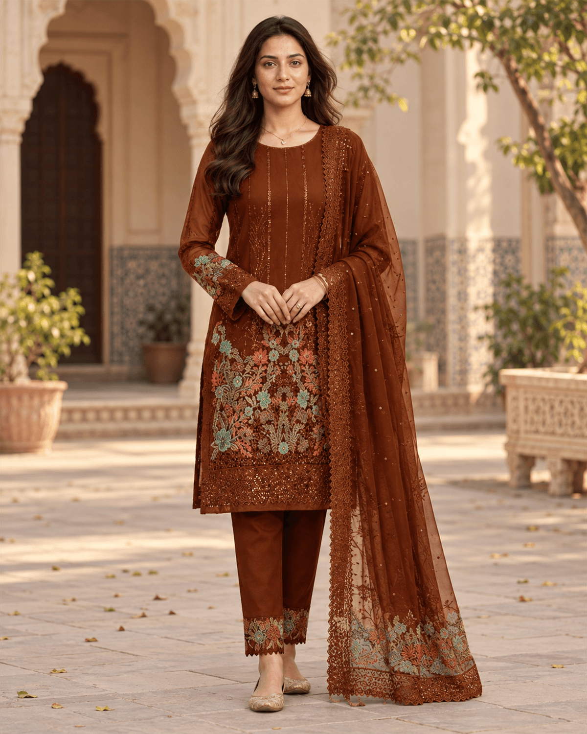 Iznik Embroidered Cotton Suit Brown image 1