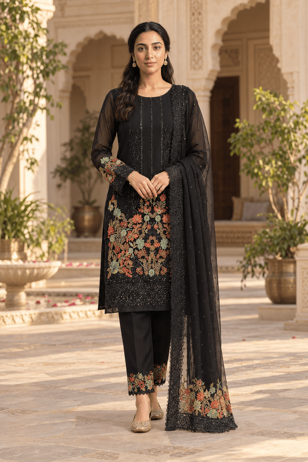 Iznik Embroidered Cotton Suit Black image 1