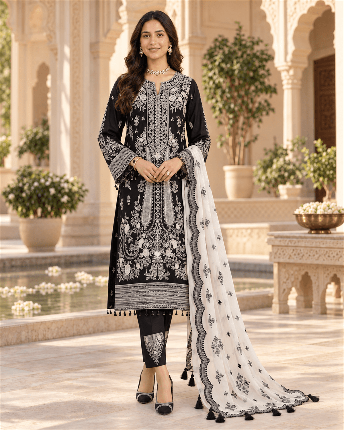 H.R Embroidered Cotton Suit Black White image 1
