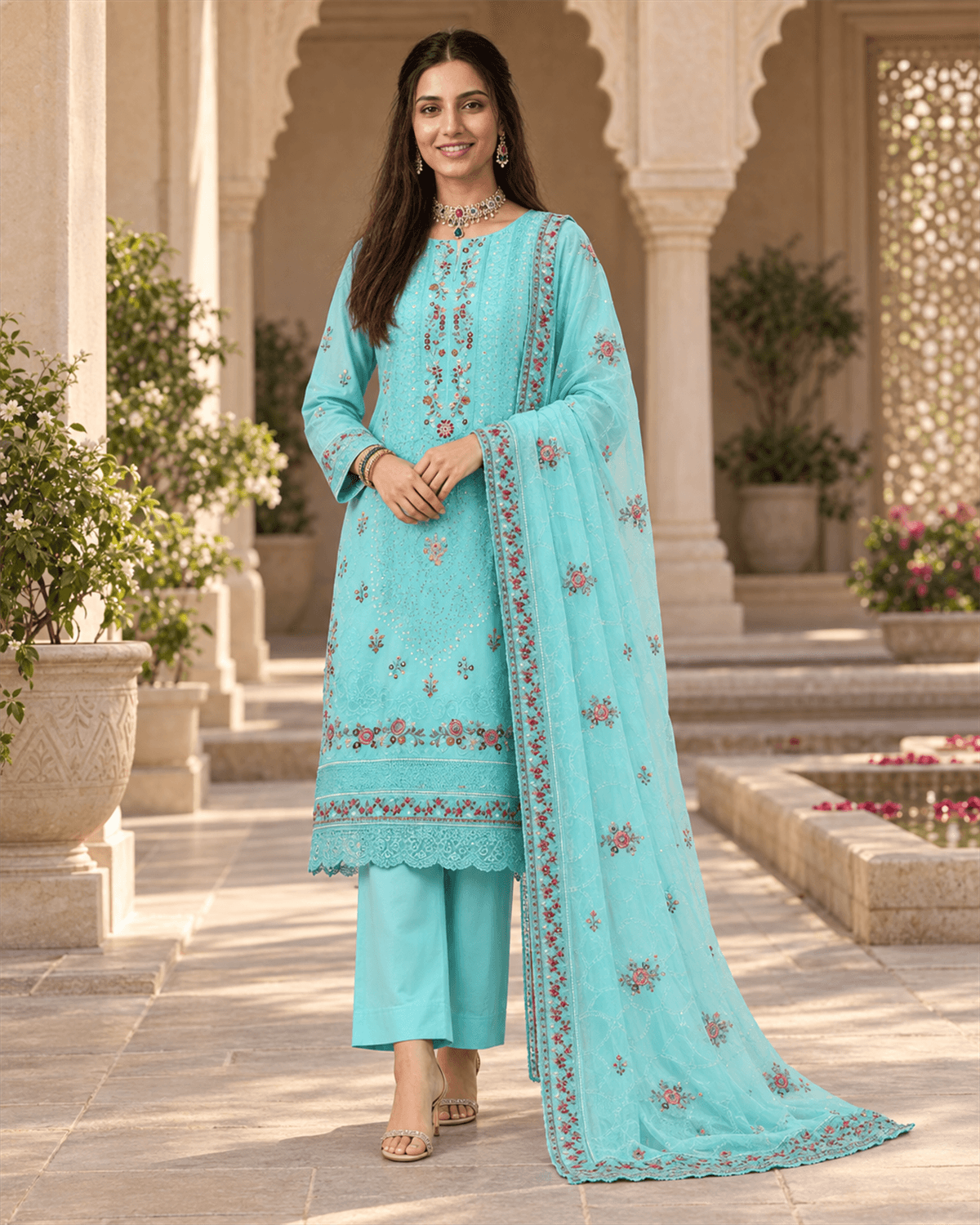 Bin Ilyas Embroidered Cotton Suit Turquoise image 1