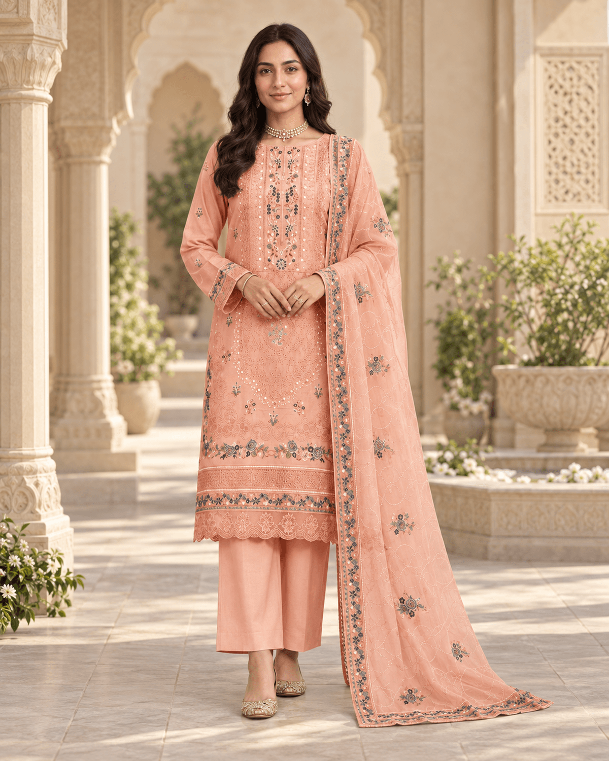 Bin Ilyas Embroidered Cotton Suit Peach image 1