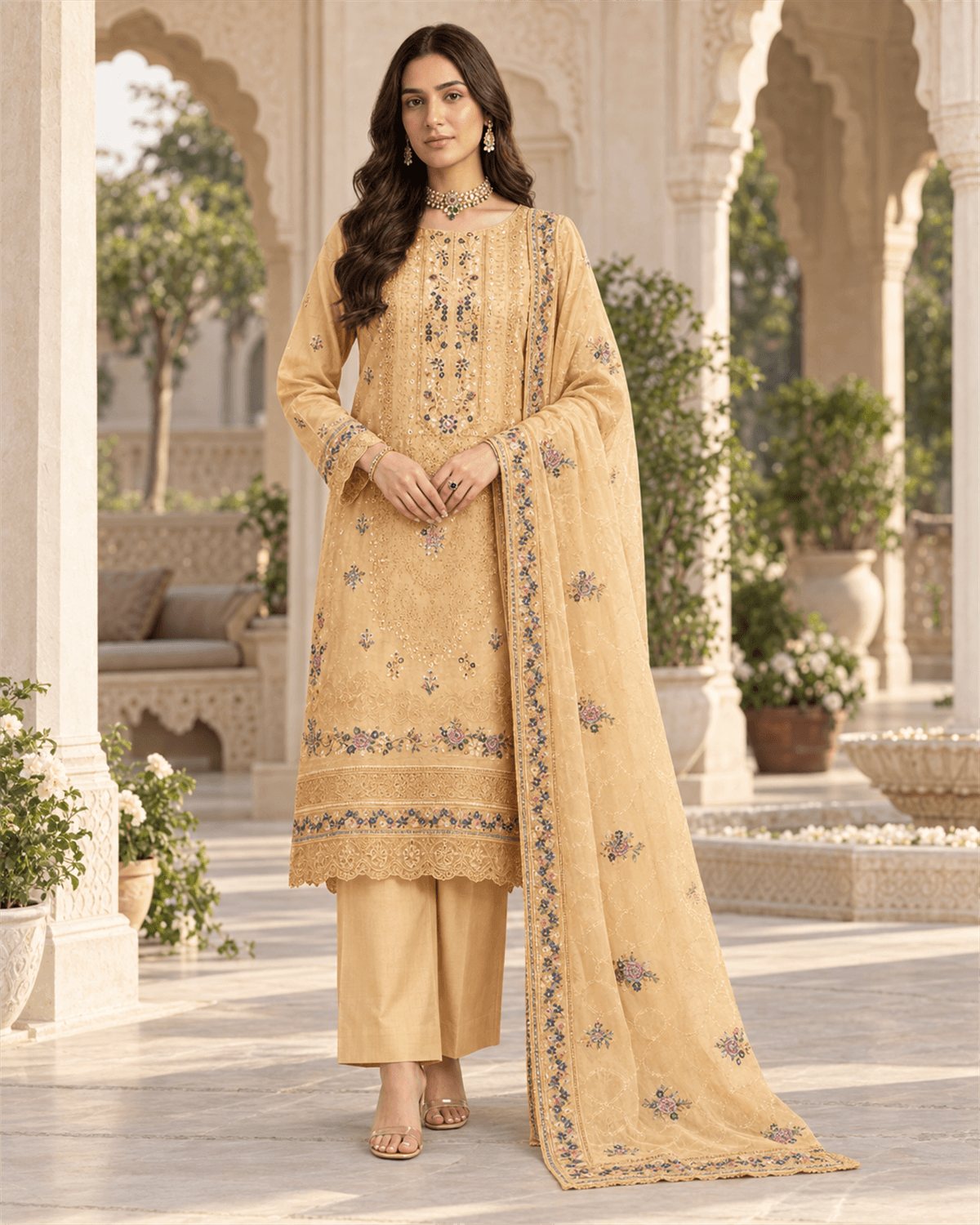 Bin Ilyas Embroidered Cotton Suit Mustard Yellow image 1