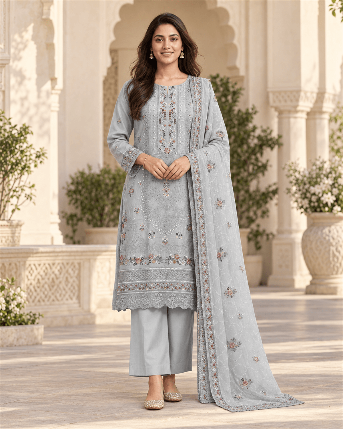 Bin Ilyas Embroidered Cotton Suit Grey image 1
