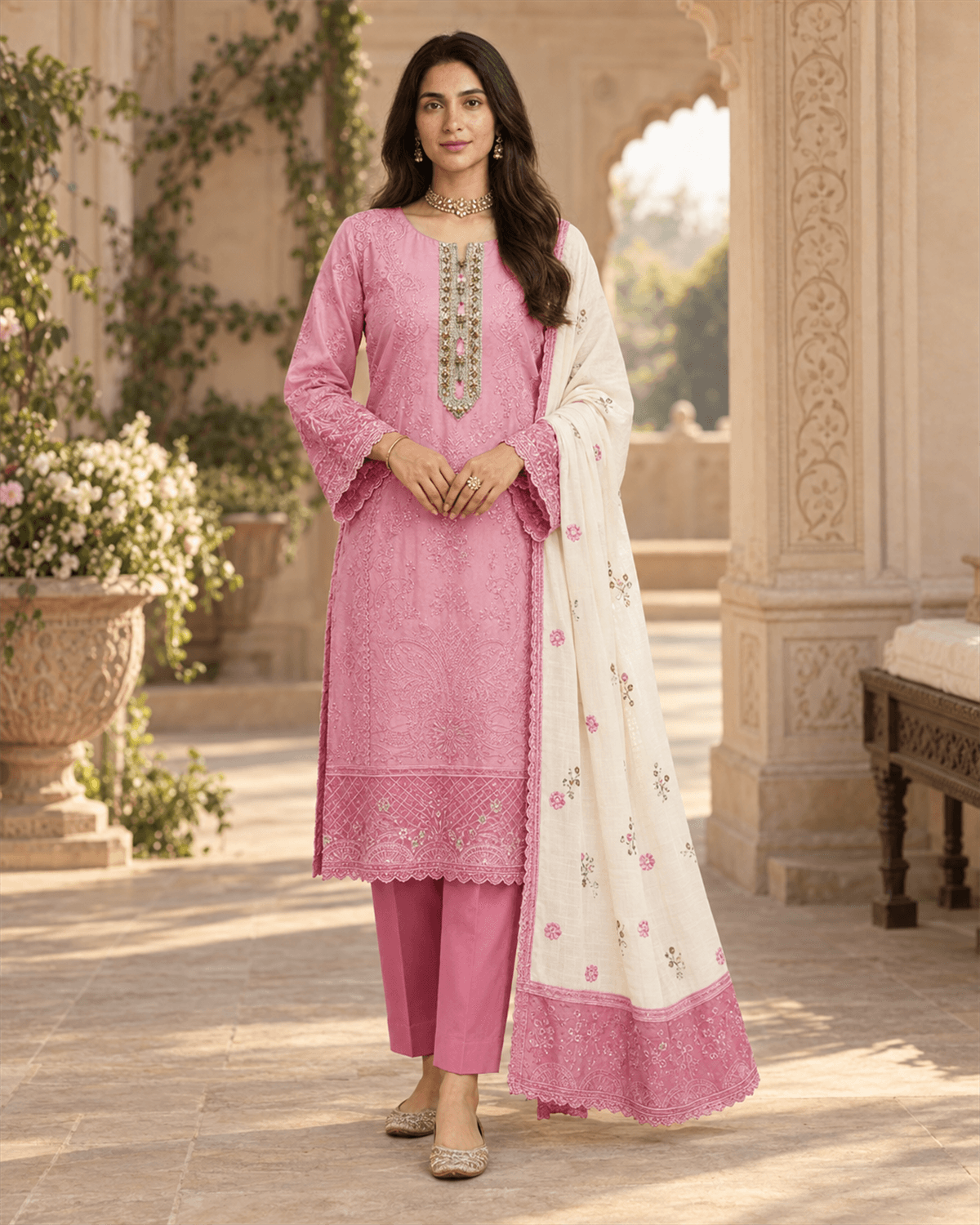 Khamaj Embroidered Cotton Suit Pink image 1