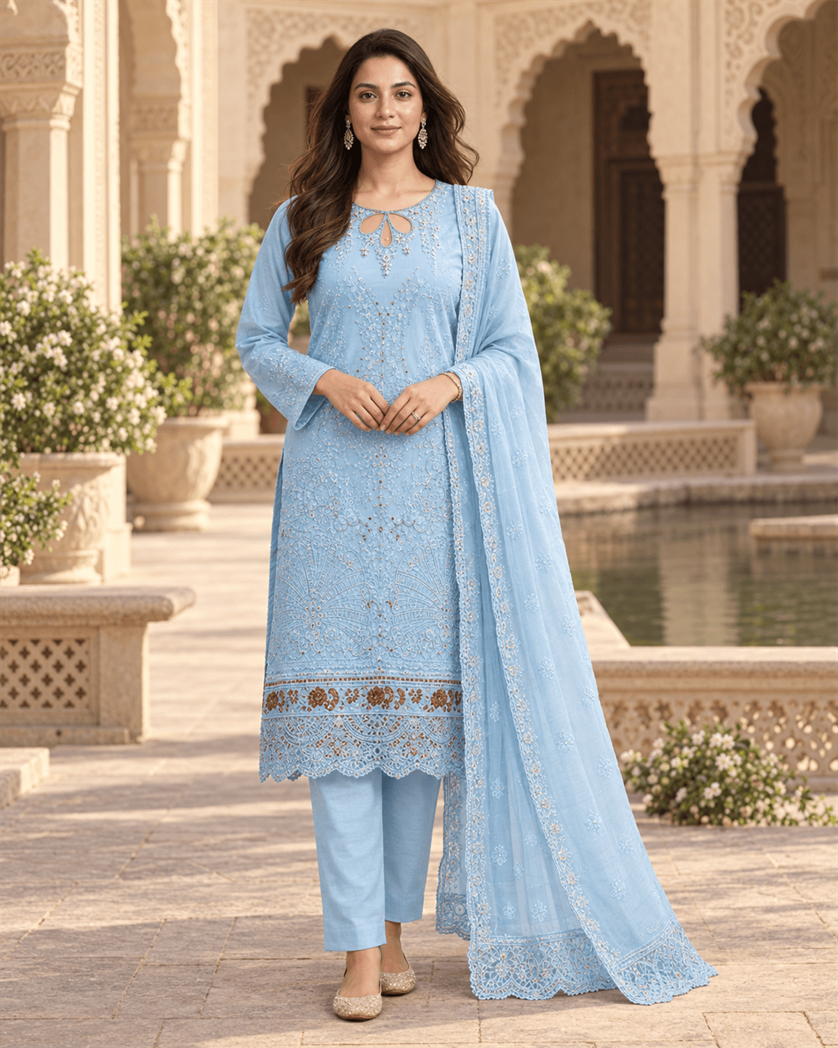 Khamaj Embroidered Cotton Suit Light Blue image 1