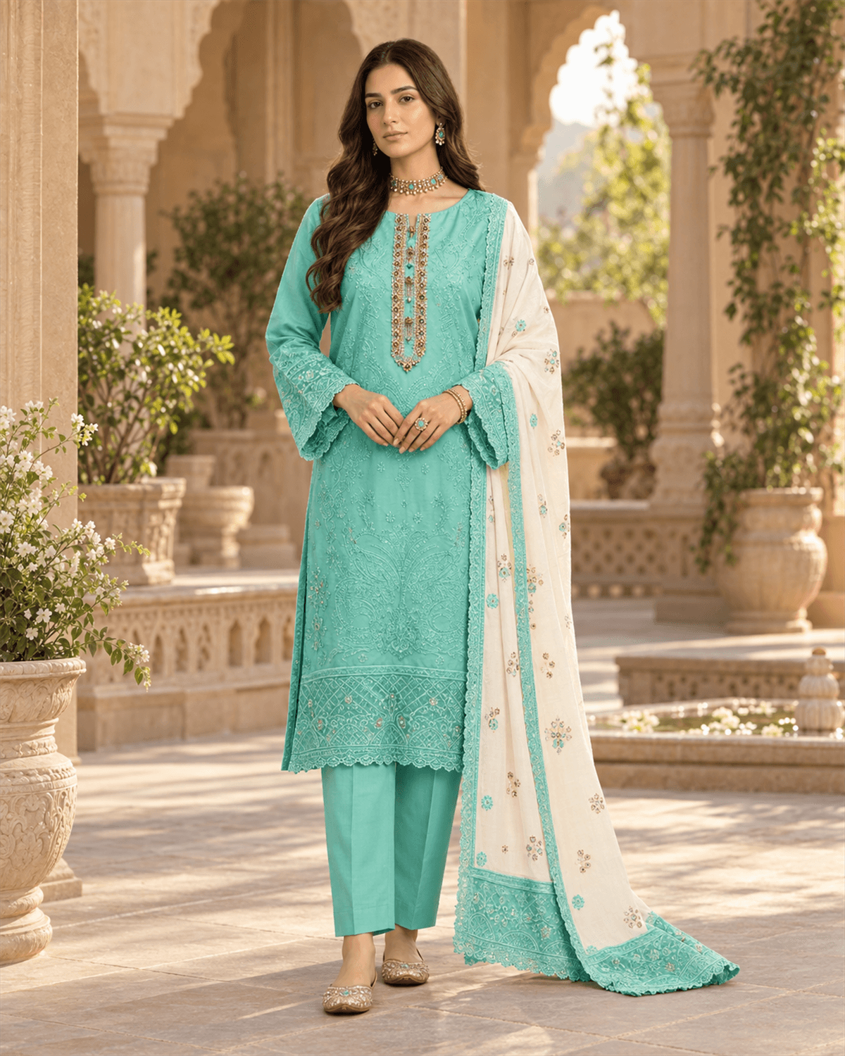 Khamaj Embroidered Cotton Suit Green image 1