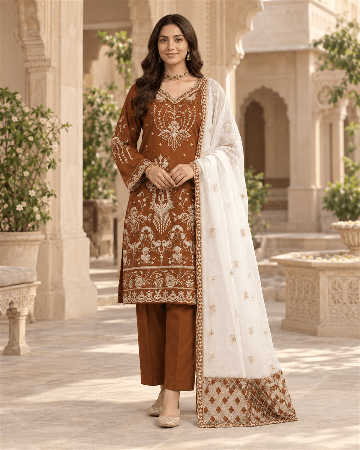 Khamaj Embroidered Cotton Suit Brown image 1