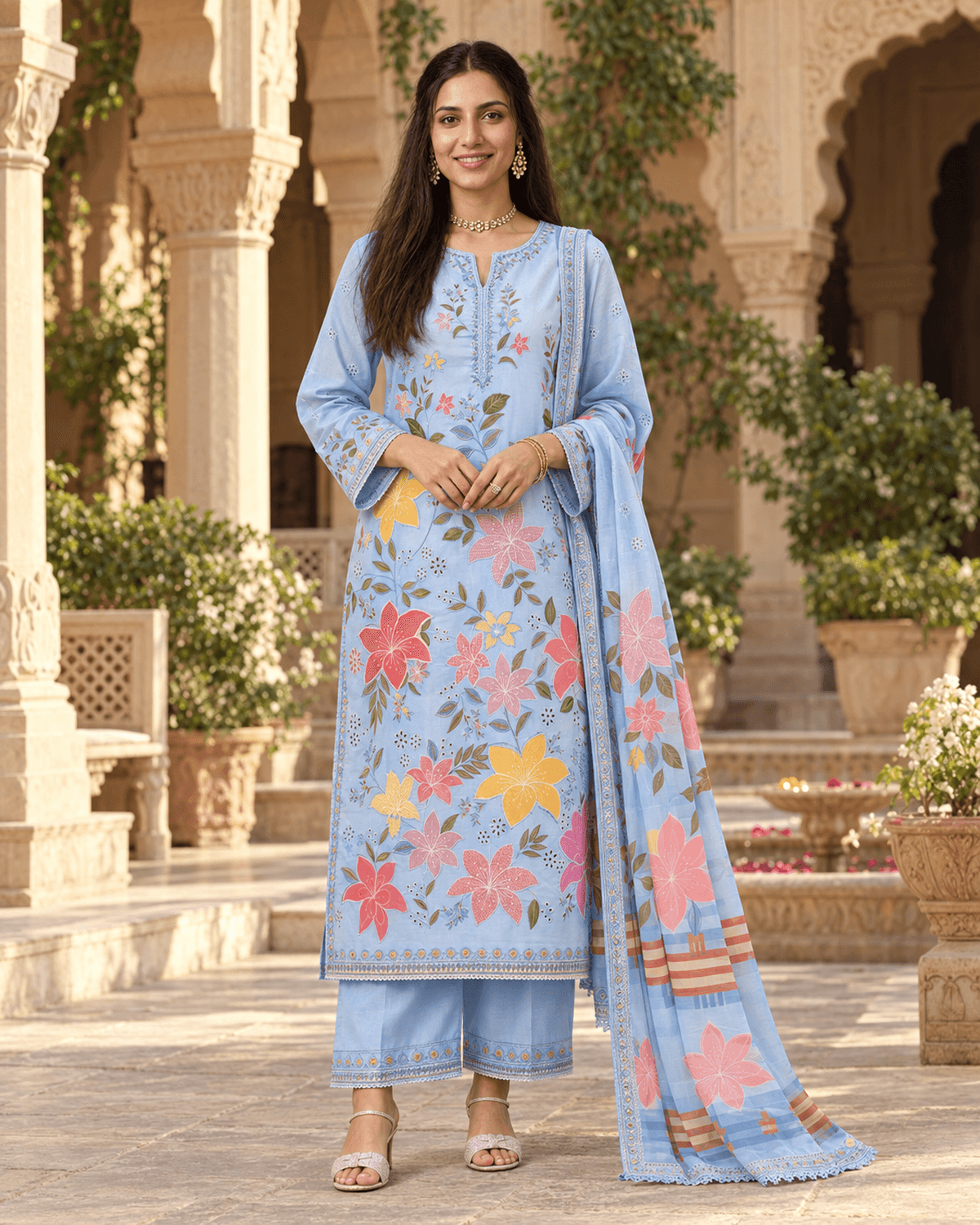 Aneela's Embroidered Cotton Suit Sky Blue Floral image 1