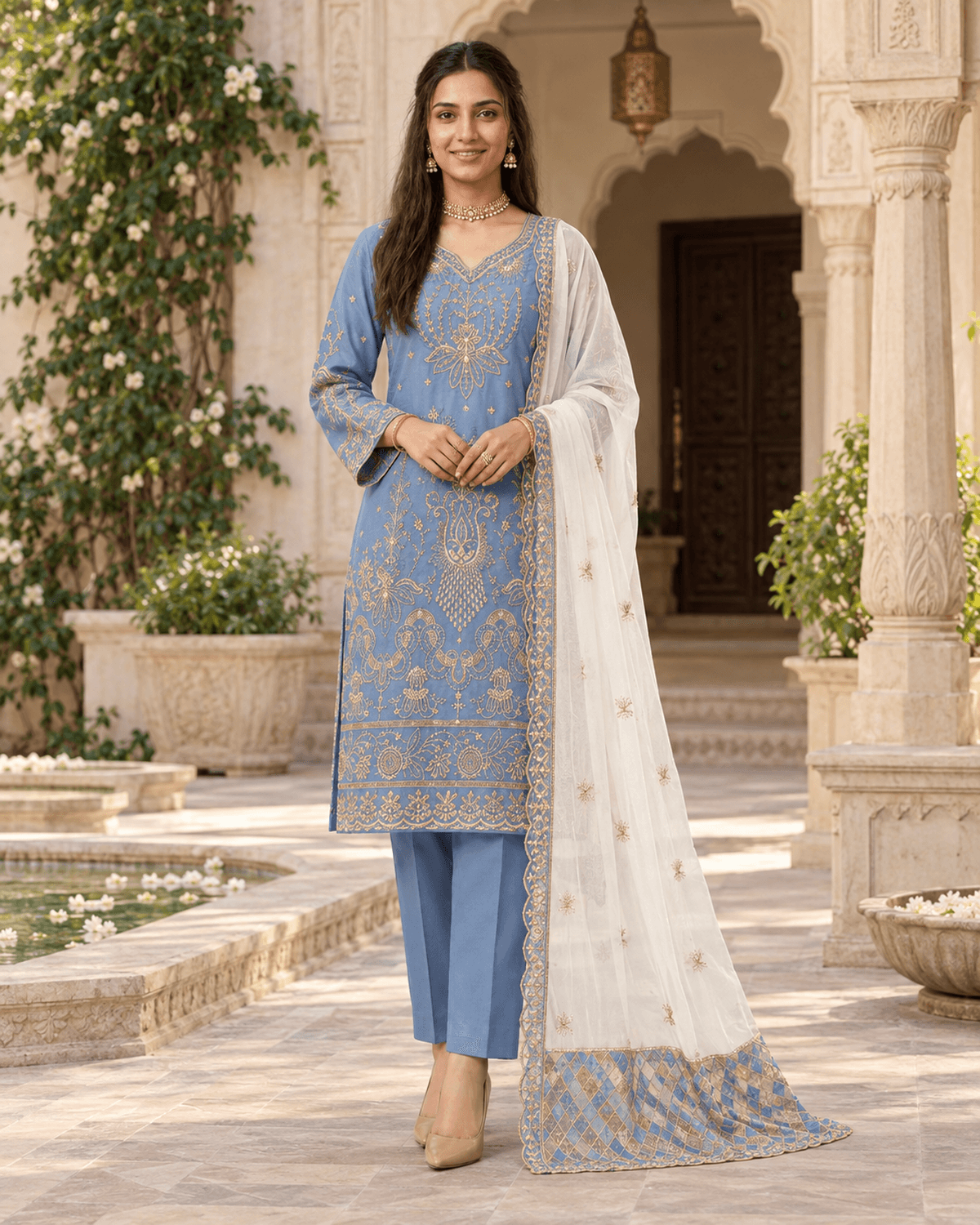 Khamaj Embroidered Cotton Suit Blue image 1