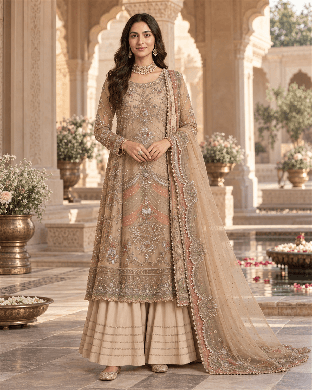 Maria B 09 Luxury Organza Suit | Organza Dupatta & Silk Trouser Light French beige image 1